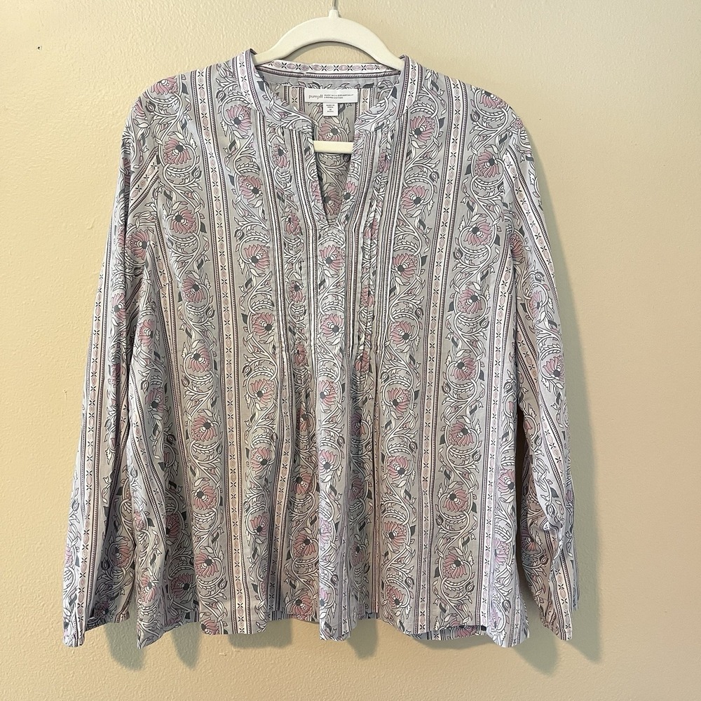 J Jill Top Pure 100 Cotton Floral M Petite Long Sleeve Boho Peasant Lagenlook
